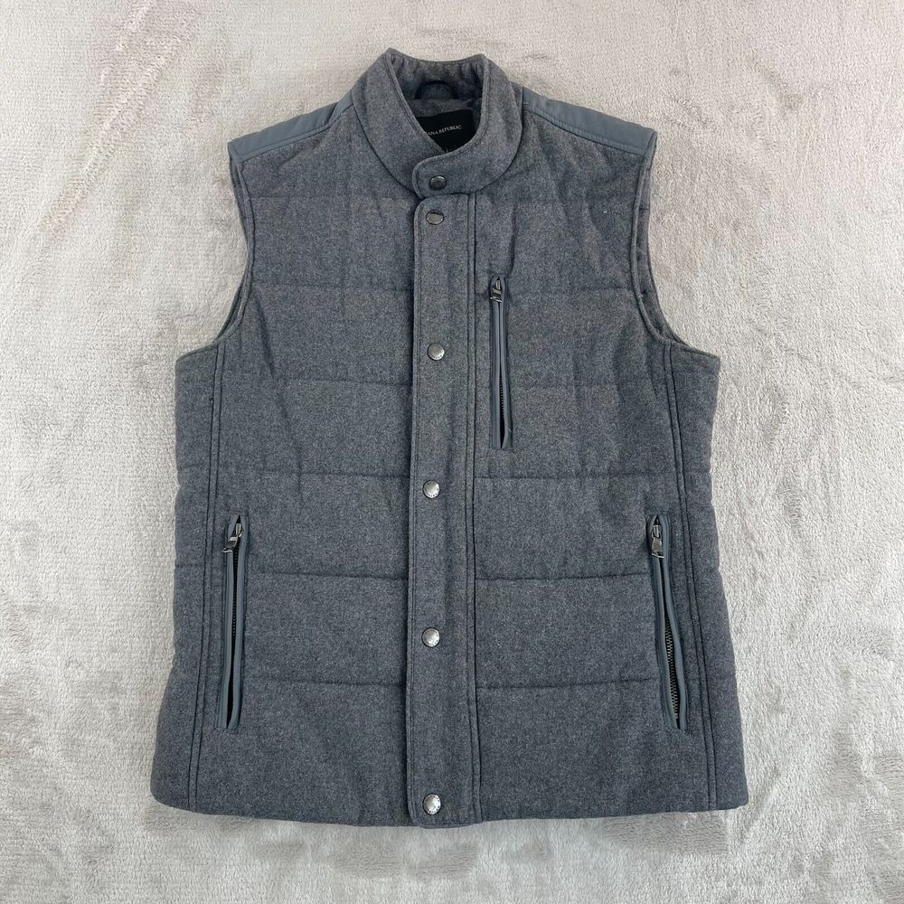 Banana Republic Puffer Vest Men‎ Small Charcoal Grey Wool Blend Zip Snap Button